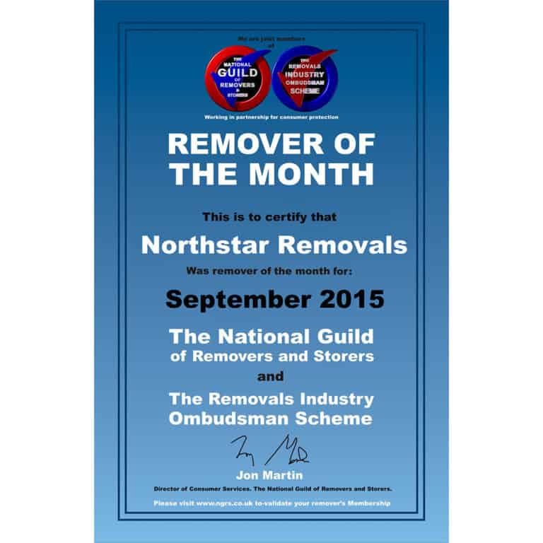 Remover of the Month 2015 certificate